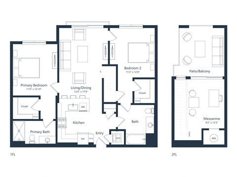 Floor plan for 2 beds, 2 baths, 1269 sqft
